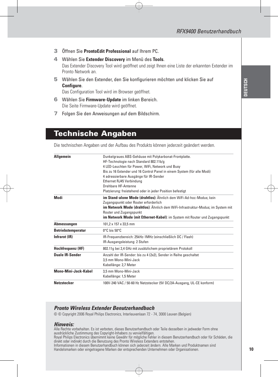 Technische angaben, Rfx9400 benutzerhandbuch, Pronto wireless extender benutzerhandbuch | Hinweis | Philips Pronto Wireless-Extender User Manual | Page 13 / 40