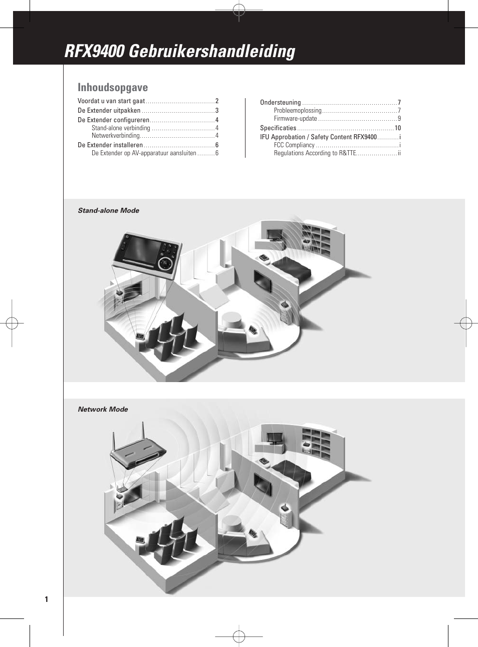 Inhoudsopgave, Rfx9400 gebruikershandleiding | Philips Pronto Wireless-Extender User Manual | Page 14 / 40