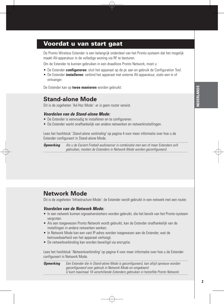 Voordat u van start gaat, Stand-alone mode, Network mode | Philips Pronto Wireless-Extender User Manual | Page 15 / 40