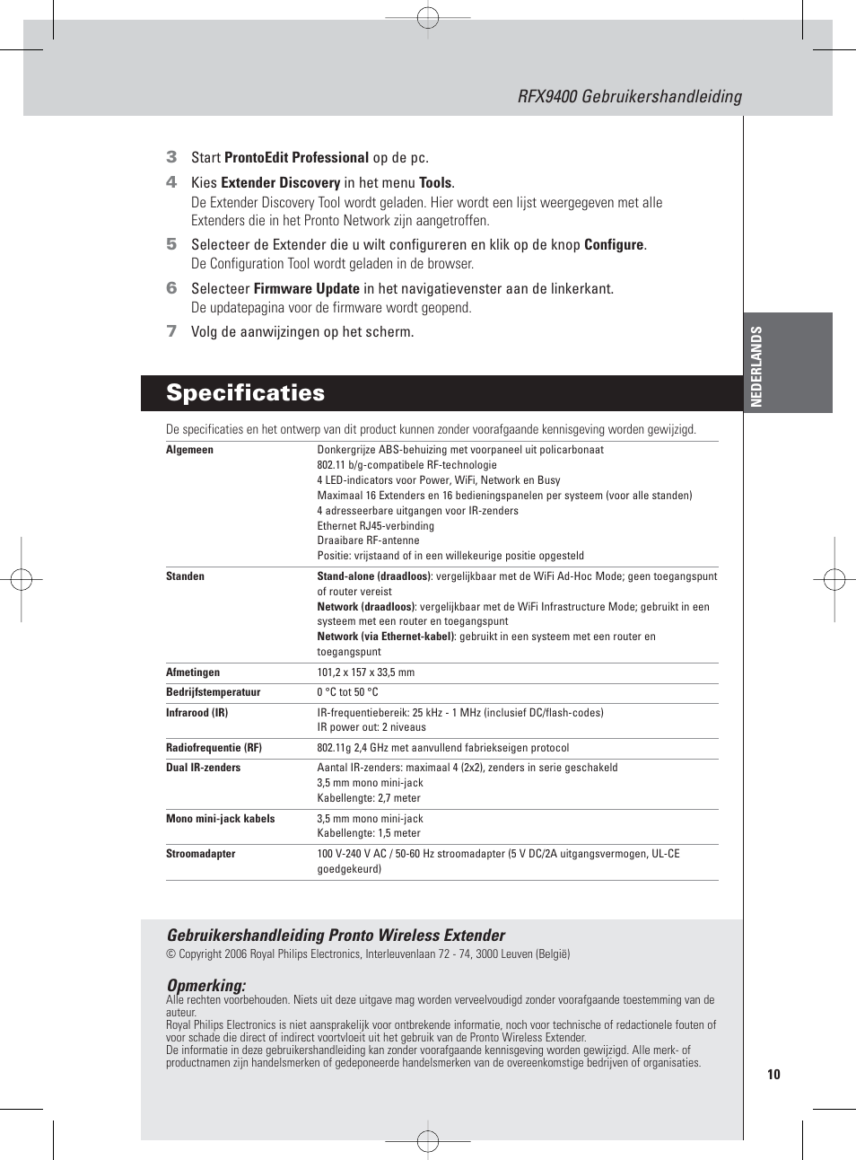 Specificaties, Rfx9400 gebruikershandleiding, Gebruikershandleiding pronto wireless extender | Opmerking | Philips Pronto Wireless-Extender User Manual | Page 23 / 40