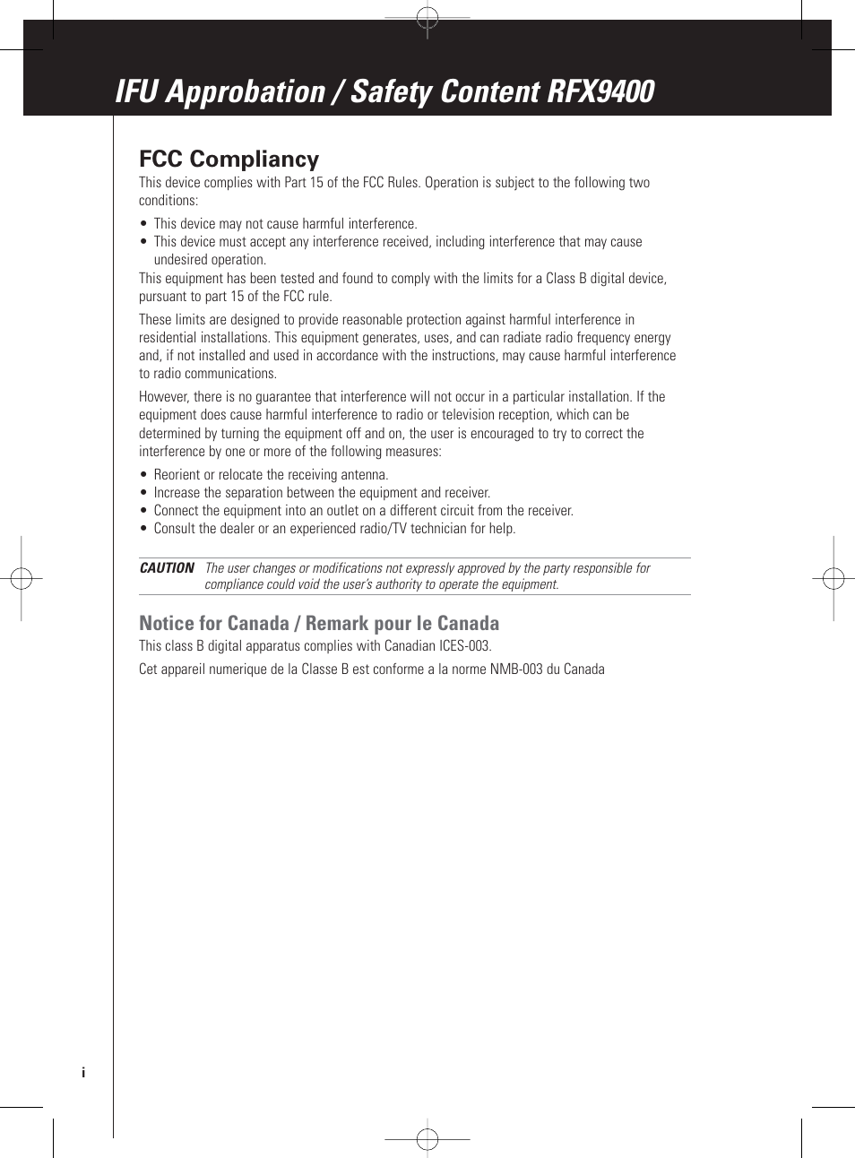 Ifu approbation / safety content rfx9400, Fcc compliancy, Notice for canada / remark pour le canada | Philips Pronto Wireless-Extender User Manual | Page 34 / 40