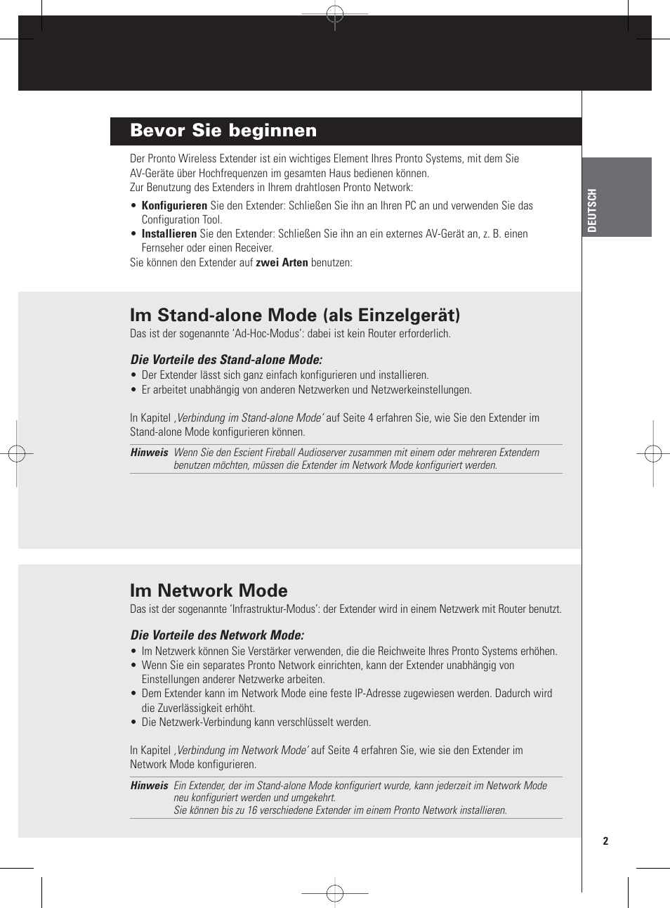 Bevor sie beginnen, Im stand-alone mode (als einzelgerät), Im network mode | Philips Pronto Wireless-Extender User Manual | Page 5 / 40