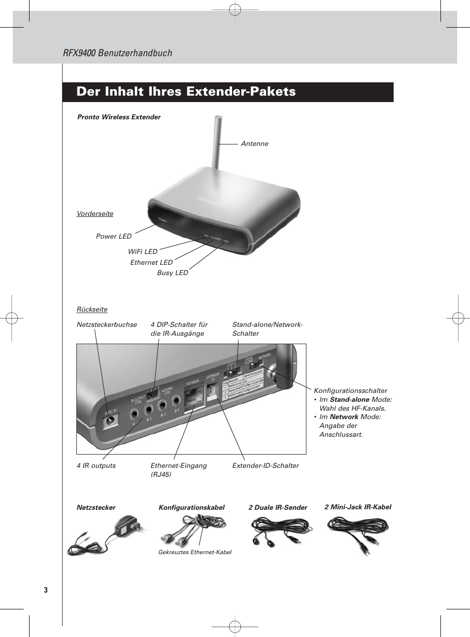 Der inhalt ihres extender-pakets, Rfx9400 benutzerhandbuch | Philips Pronto Wireless-Extender User Manual | Page 6 / 40