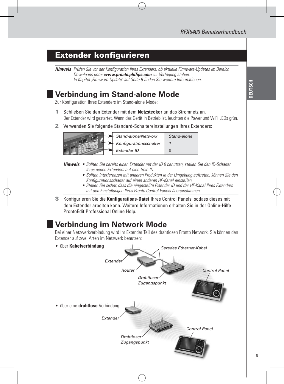 Extender konfigurieren, Verbindung im stand-alone mode, Verbindung im network mode | Philips Pronto Wireless-Extender User Manual | Page 7 / 40