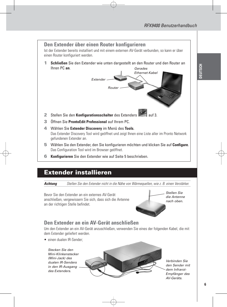 Extender installieren, Den extender über einen router konfigurieren, Den extender an ein av-gerät anschließen | Philips Pronto Wireless-Extender User Manual | Page 9 / 40