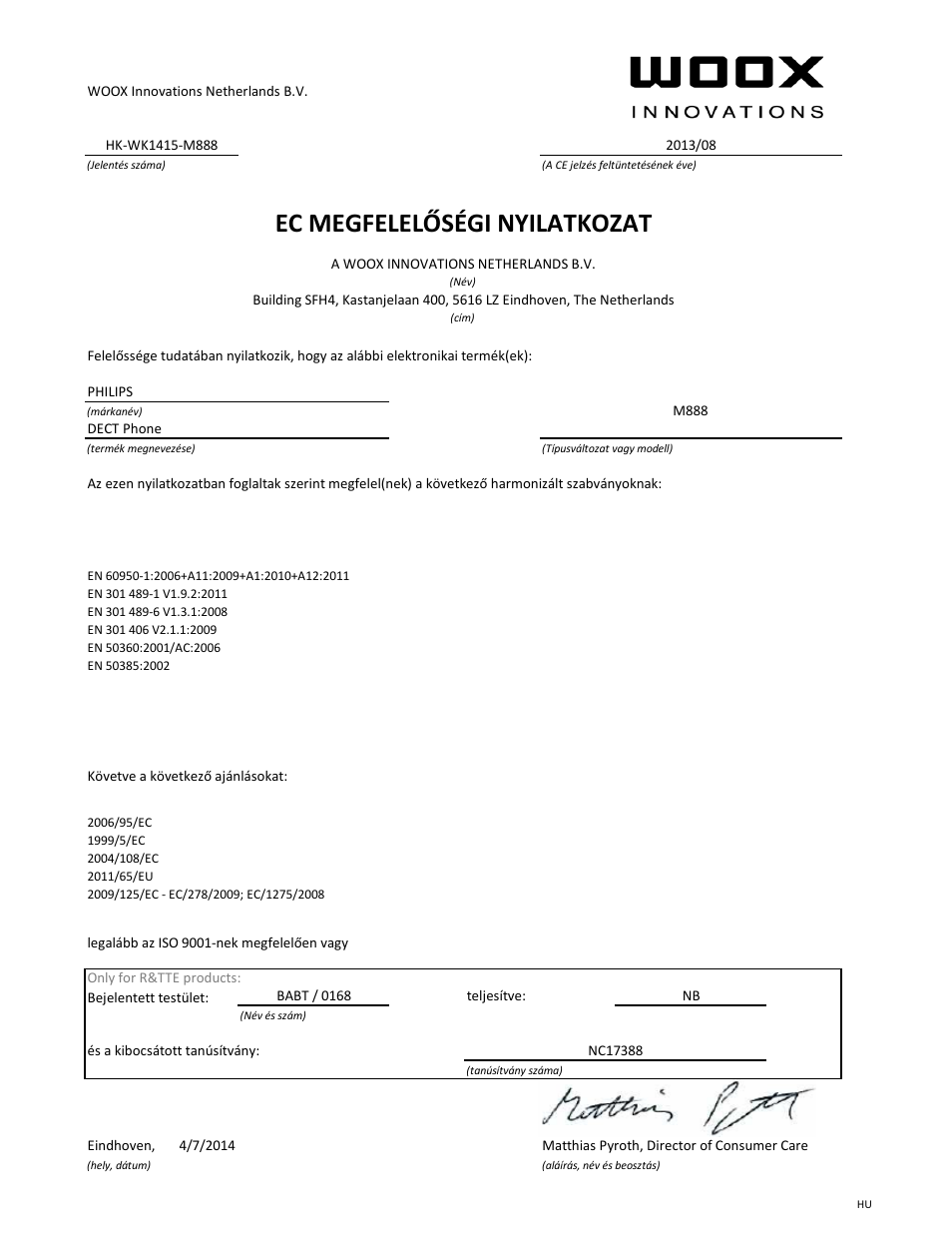 Ec megfelelőségi nyilatkozat | Philips Schnurloses Telefon mit Anrufbeantworter User Manual | Page 13 / 21