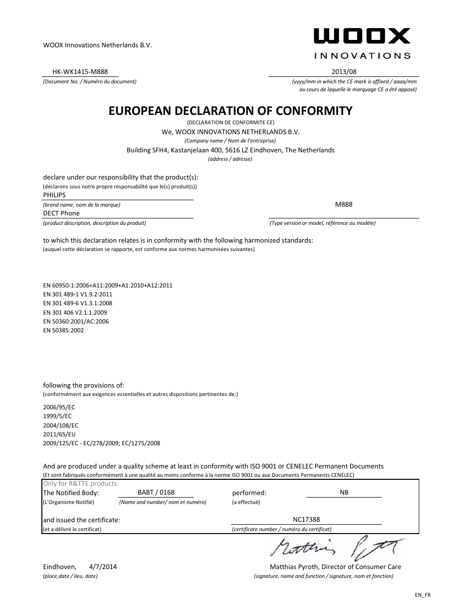 European declaration of conformity | Philips Schnurloses Telefon mit Anrufbeantworter User Manual | Page 2 / 21