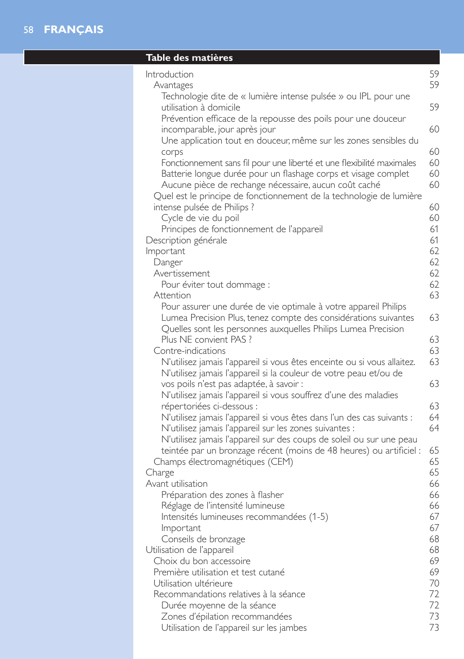 Français, Français 58 | Philips Lumea Precision IPL Haarentfernungssystem User Manual | Page 58 / 114