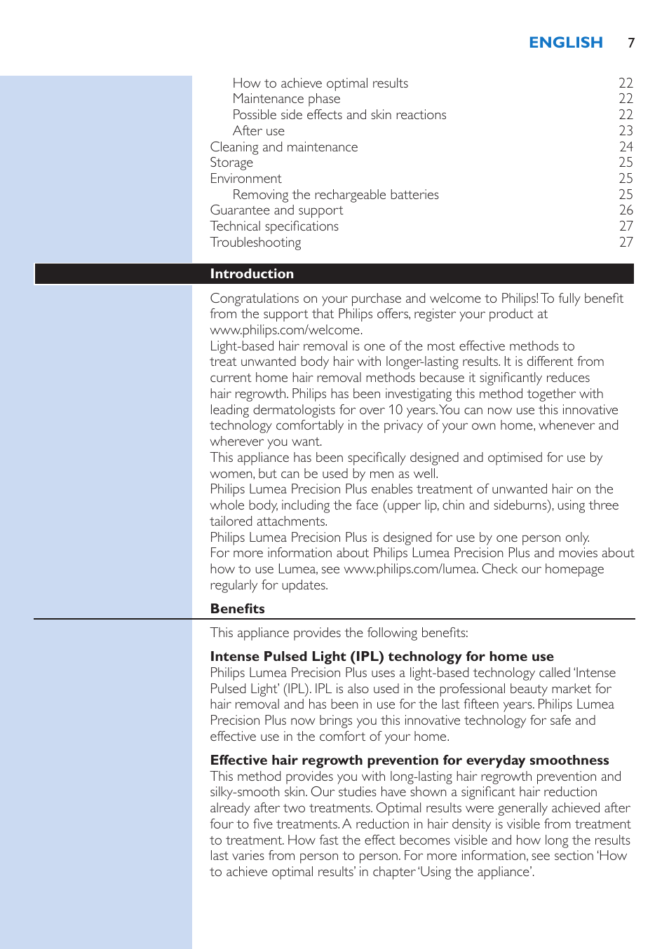 Philips Lumea Precision IPL Haarentfernungssystem User Manual | Page 7 / 114