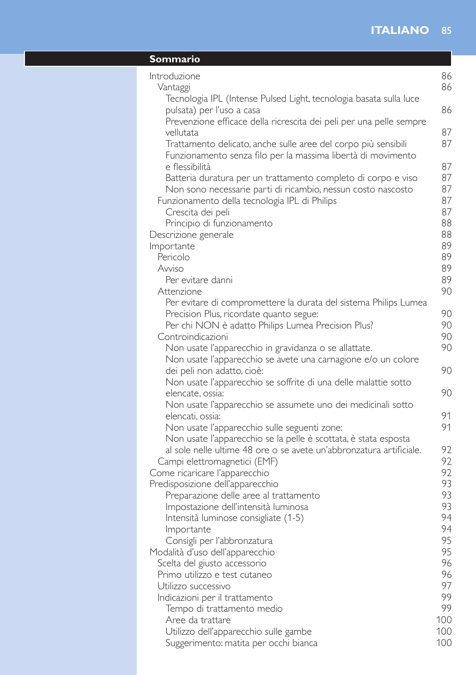 Italiano | Philips Lumea Precision IPL Haarentfernungssystem User Manual | Page 85 / 114