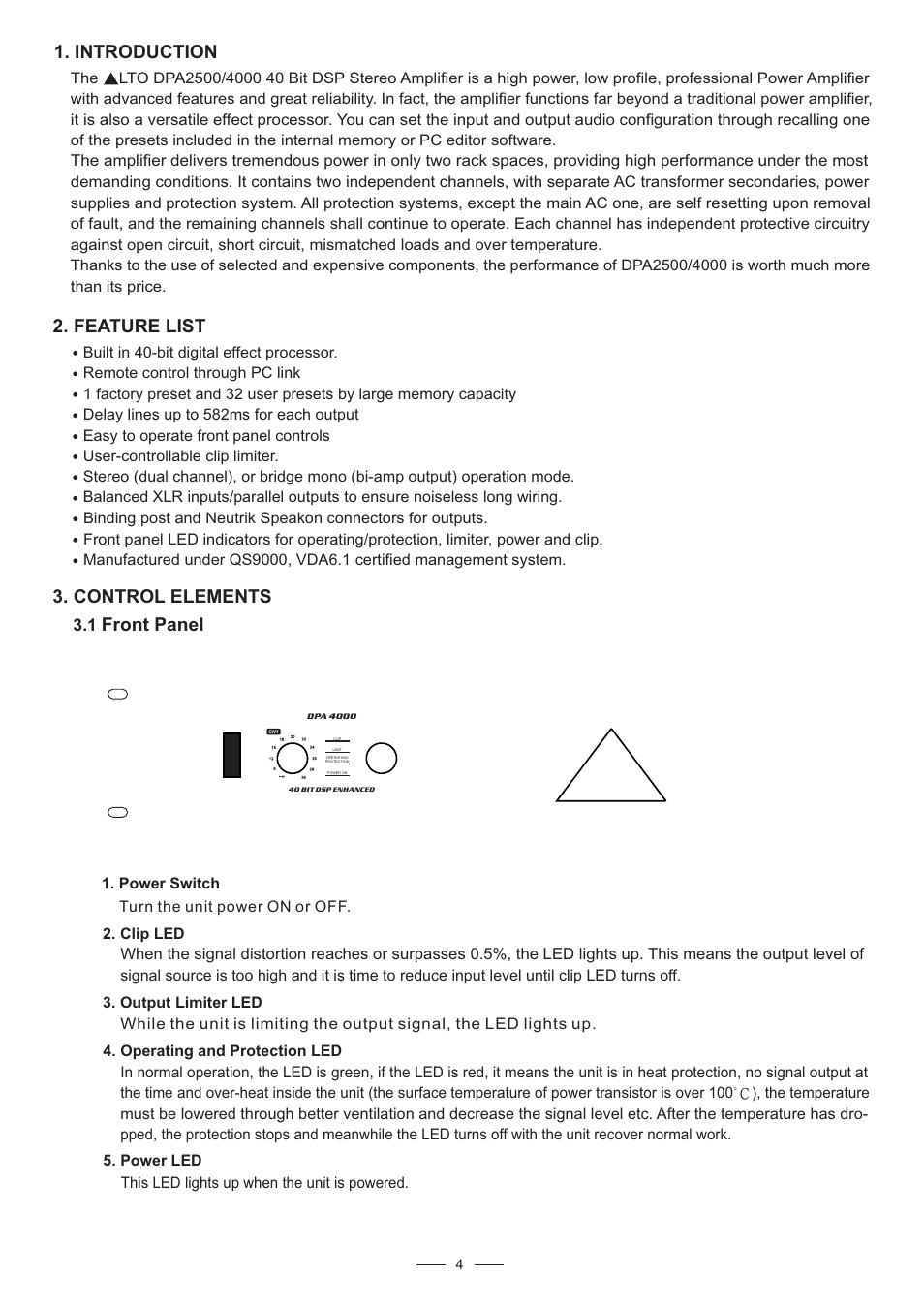 Feature list, Control elements, Front panel | Introduction | Nilfisk-ALTO DPA 2500 User Manual | Page 5 / 20
