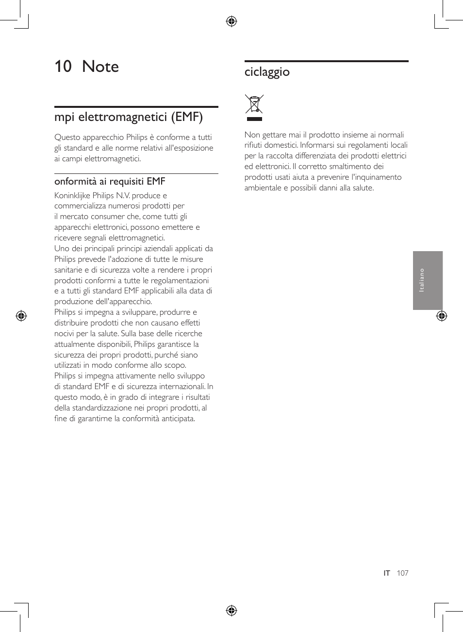 10 note, Mpi elettromagnetici (emf), Ciclaggio | Philips 2-in-1-Kombigerät zur Luftreinigung u. -befeuchtung User Manual | Page 107 / 108
