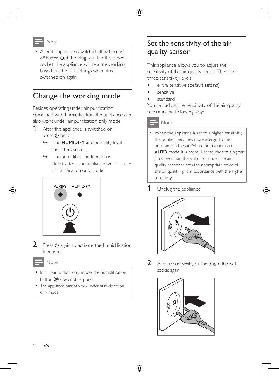 Change the working mode, Set the sensitivity of the air quality sensor | Philips 2-in-1-Kombigerät zur Luftreinigung u. -befeuchtung User Manual | Page 12 / 108