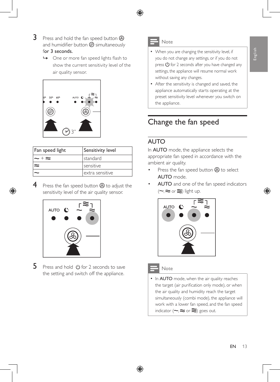 Change the fan speed, Auto | Philips 2-in-1-Kombigerät zur Luftreinigung u. -befeuchtung User Manual | Page 13 / 108