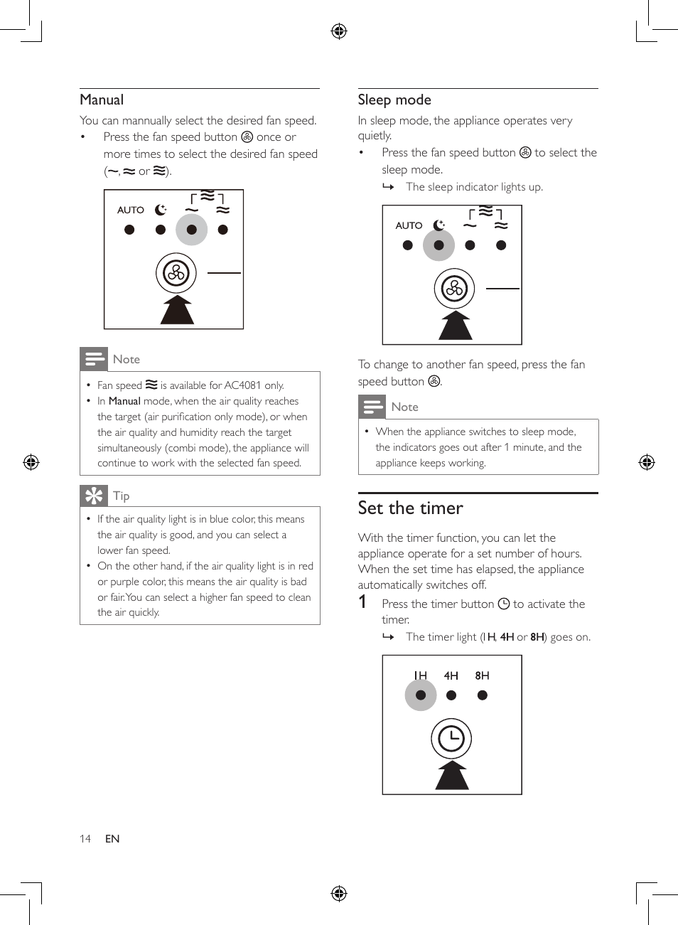 Set the timer, Manual, Sleep mode | Philips 2-in-1-Kombigerät zur Luftreinigung u. -befeuchtung User Manual | Page 14 / 108