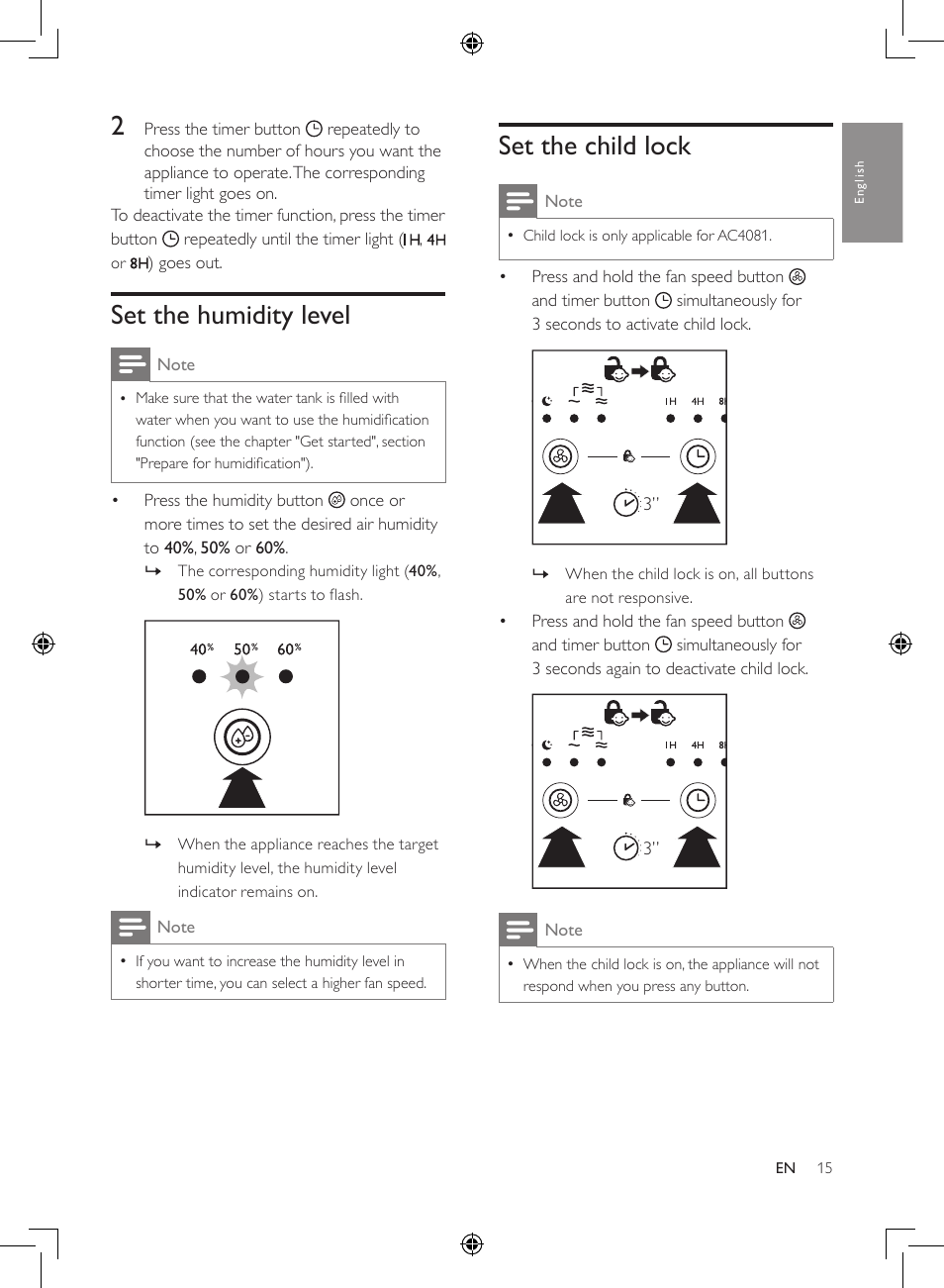 Set the humidity level, Set the child lock | Philips 2-in-1-Kombigerät zur Luftreinigung u. -befeuchtung User Manual | Page 15 / 108