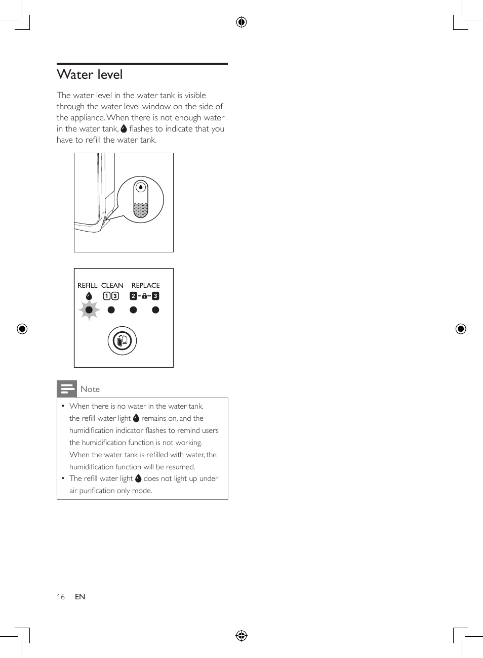 Water level | Philips 2-in-1-Kombigerät zur Luftreinigung u. -befeuchtung User Manual | Page 16 / 108