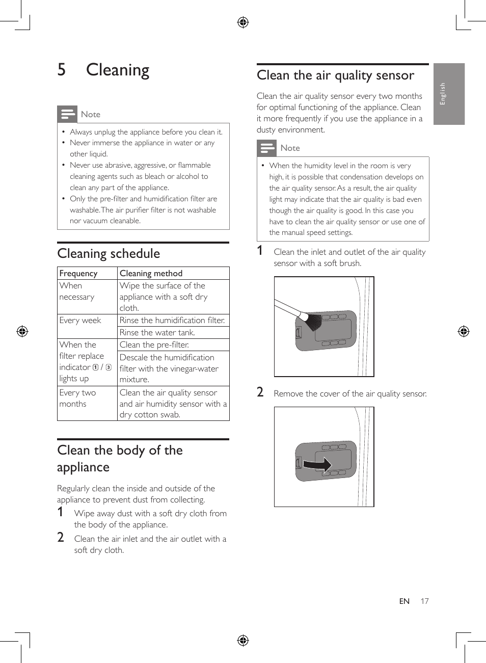 5 cleaning, Cleaning schedule, Clean the body of the appliance 17 | Clean the air quality sensor, Clean the body of the appliance | Philips 2-in-1-Kombigerät zur Luftreinigung u. -befeuchtung User Manual | Page 17 / 108