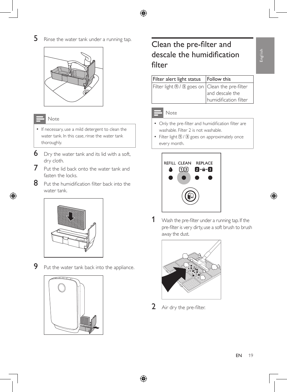 Clean the pre-filter and descale, The humidification filter | Philips 2-in-1-Kombigerät zur Luftreinigung u. -befeuchtung User Manual | Page 19 / 108
