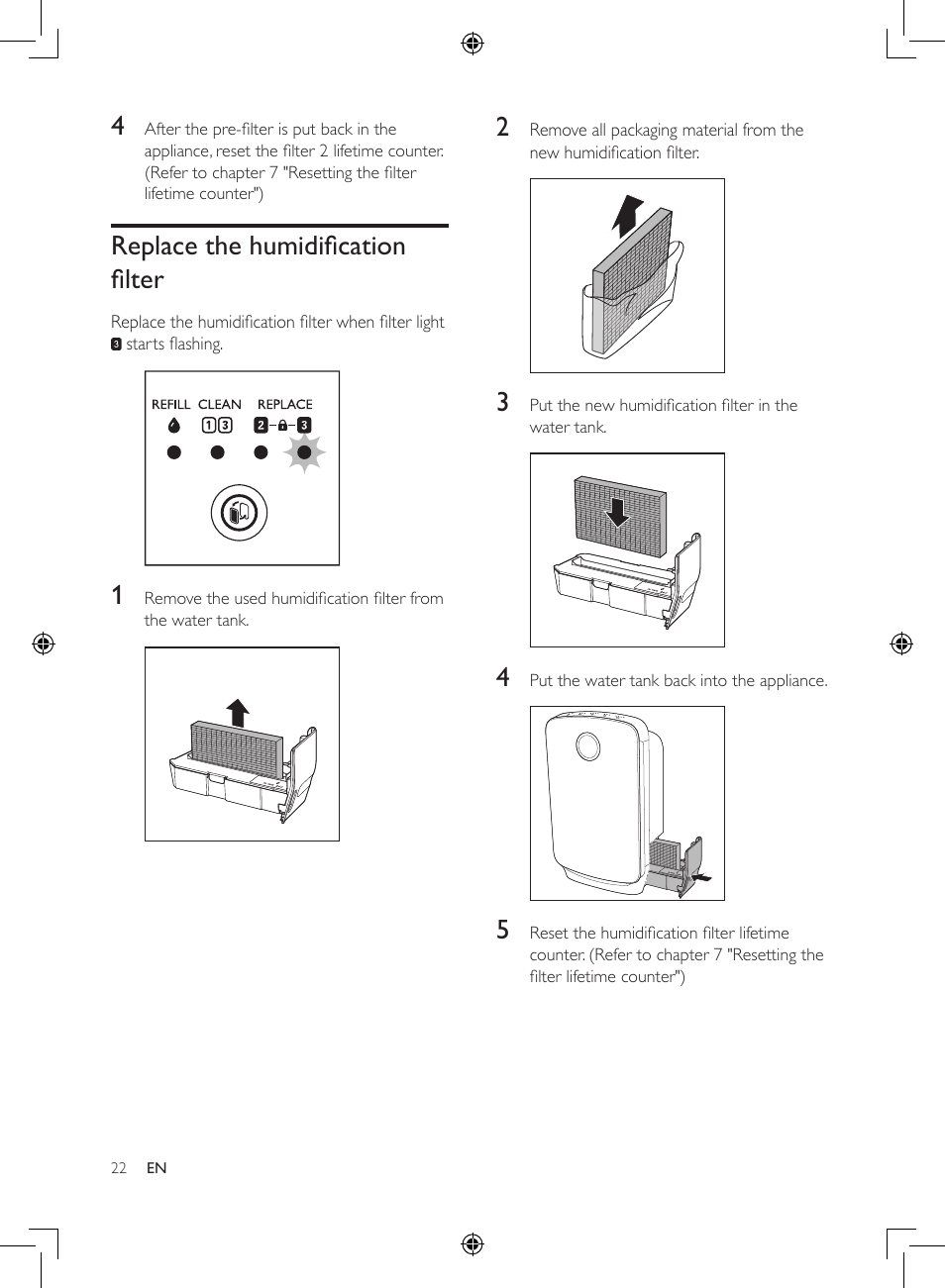 Replace the humidification filter 22, Replace the humidification filter | Philips 2-in-1-Kombigerät zur Luftreinigung u. -befeuchtung User Manual | Page 22 / 108