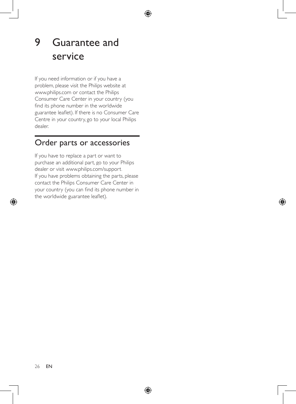 9 guarantee and service, Order parts or accessories | Philips 2-in-1-Kombigerät zur Luftreinigung u. -befeuchtung User Manual | Page 26 / 108