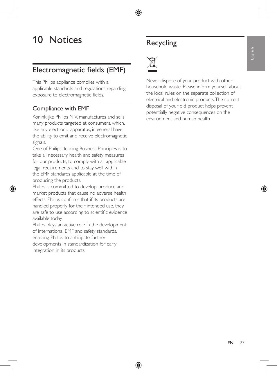 10 notices, Electromagnetic fields (emf), Recycling | Philips 2-in-1-Kombigerät zur Luftreinigung u. -befeuchtung User Manual | Page 27 / 108