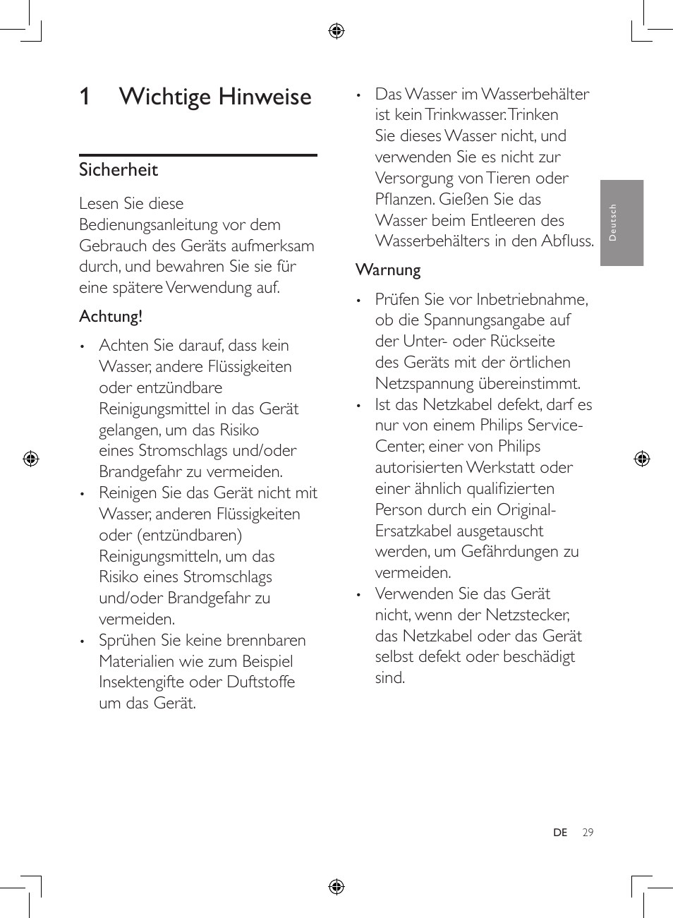 1 wichtige hinweise, Sicherheit | Philips 2-in-1-Kombigerät zur Luftreinigung u. -befeuchtung User Manual | Page 29 / 108
