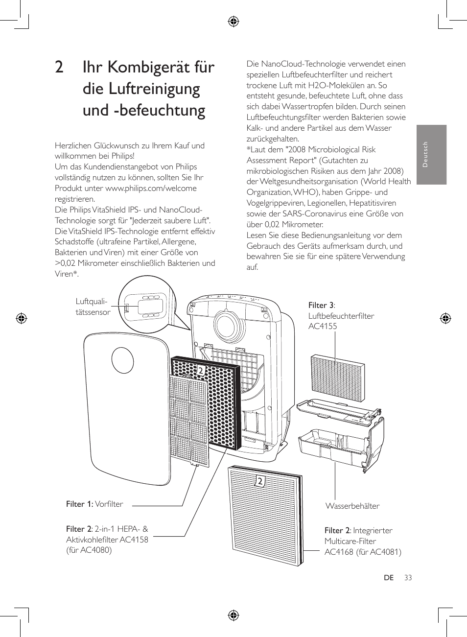 2 ihr kombigerät für die, Luftreinigung und -befeuchtung 33 | Philips 2-in-1-Kombigerät zur Luftreinigung u. -befeuchtung User Manual | Page 33 / 108