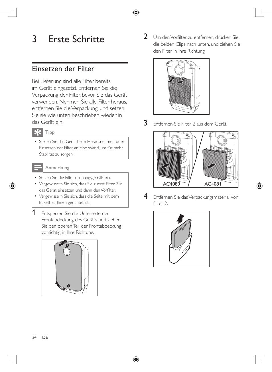 3 erste schritte, Einsetzen der filter | Philips 2-in-1-Kombigerät zur Luftreinigung u. -befeuchtung User Manual | Page 34 / 108