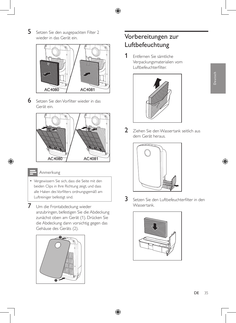 Vorbereitungen zur, Luftbefeuchtung, Vorbereitungen zur luftbefeuchtung 1 | Philips 2-in-1-Kombigerät zur Luftreinigung u. -befeuchtung User Manual | Page 35 / 108