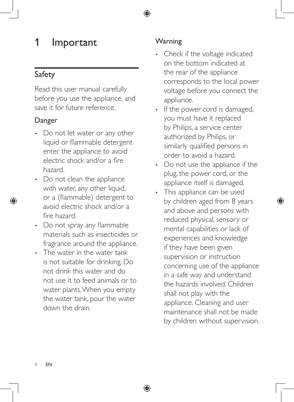 1 important, Safety | Philips 2-in-1-Kombigerät zur Luftreinigung u. -befeuchtung User Manual | Page 4 / 108