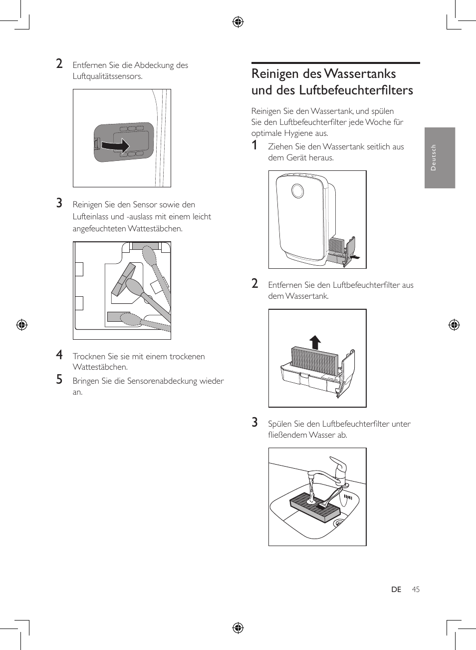 Reinigen des wassertanks und, Des luftbefeuchterfilters | Philips 2-in-1-Kombigerät zur Luftreinigung u. -befeuchtung User Manual | Page 45 / 108