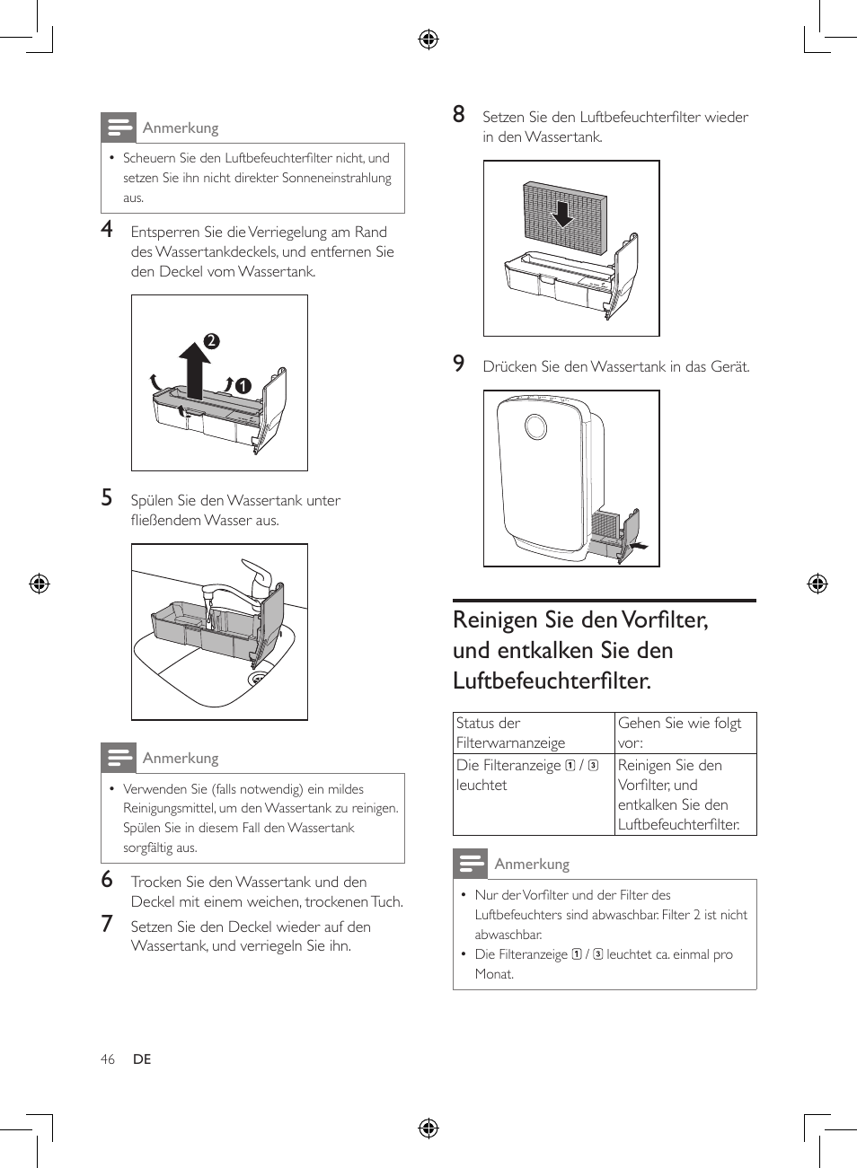 Reinigen sie den vorfilter, Und entkalken sie den, Luftbefeuchterfilter | Philips 2-in-1-Kombigerät zur Luftreinigung u. -befeuchtung User Manual | Page 46 / 108