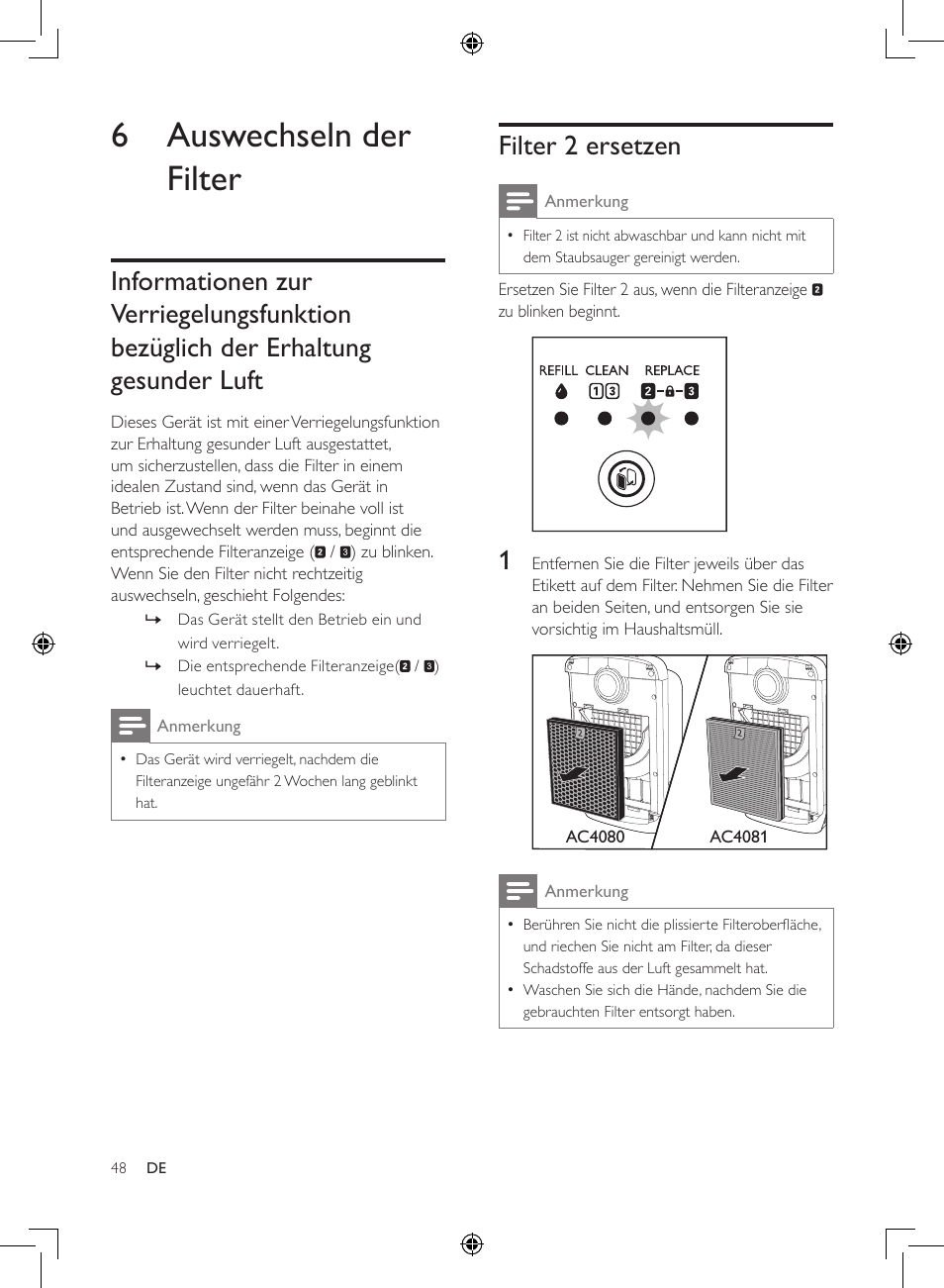 6 auswechseln der filter, Informationen zur, Verriegelungsfunktion bezüglich | Der erhaltung gesunder luft, Filter 2 ersetzen | Philips 2-in-1-Kombigerät zur Luftreinigung u. -befeuchtung User Manual | Page 48 / 108