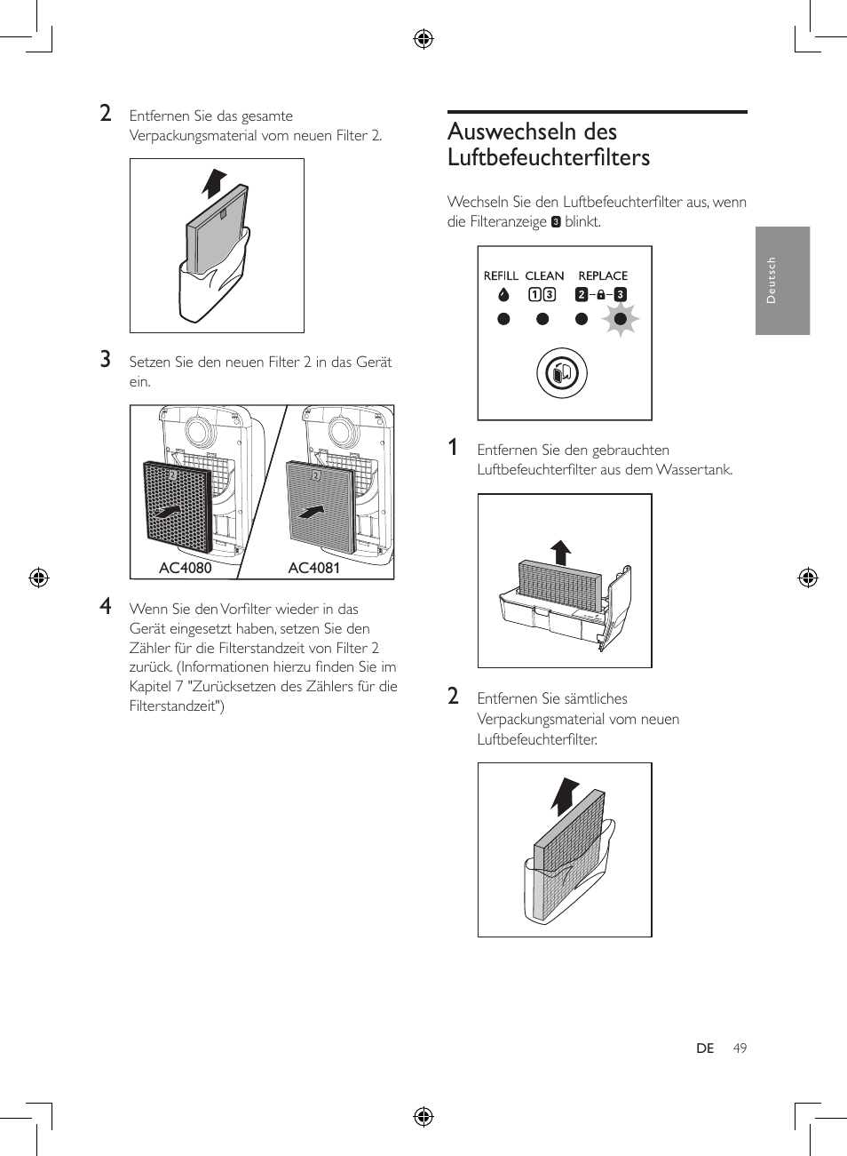 Auswechseln des, Luftbefeuchterfilters, Auswechseln des luftbefeuchterfilters | Philips 2-in-1-Kombigerät zur Luftreinigung u. -befeuchtung User Manual | Page 49 / 108