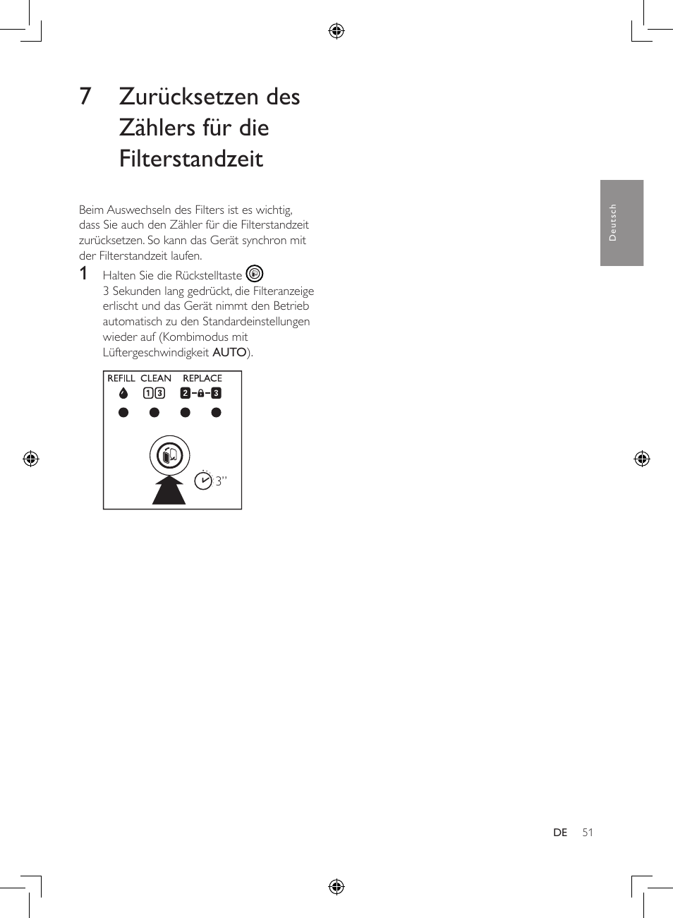7 zurücksetzen des zählers für, Die filterstandzeit, 7 zurücksetzen des zählers für die filterstandzeit | Philips 2-in-1-Kombigerät zur Luftreinigung u. -befeuchtung User Manual | Page 51 / 108