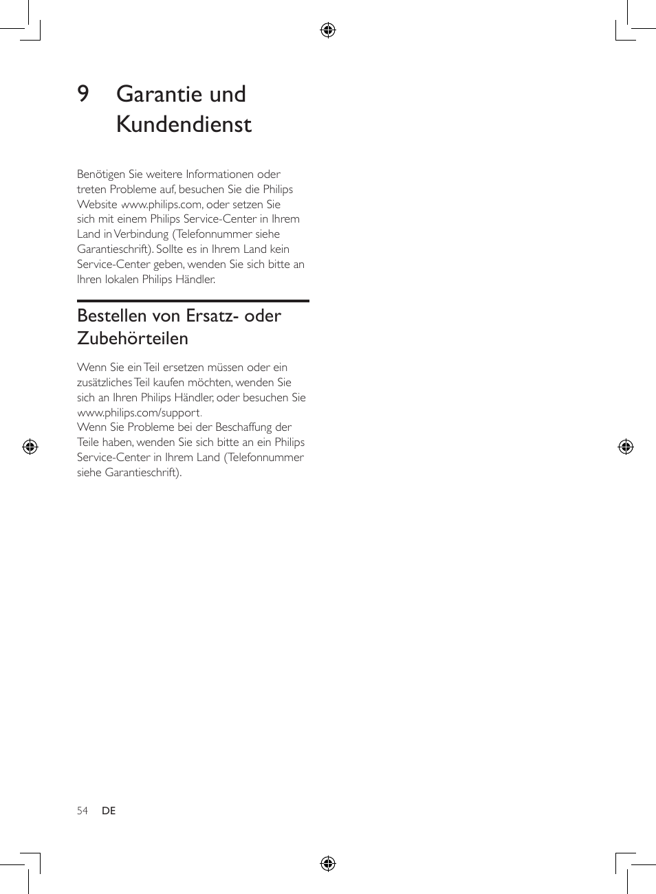 9 garantie und kundendienst, Bestellen von ersatz- oder, Zubehörteilen | Bestellen von ersatz- oder zubehörteilen | Philips 2-in-1-Kombigerät zur Luftreinigung u. -befeuchtung User Manual | Page 54 / 108