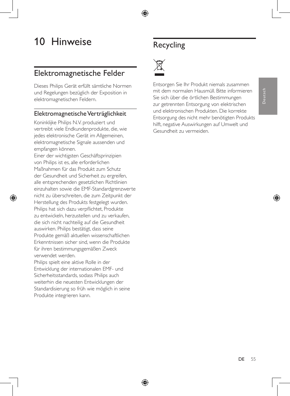 10 hinweise, Elektromagnetische felder, Recycling | Philips 2-in-1-Kombigerät zur Luftreinigung u. -befeuchtung User Manual | Page 55 / 108