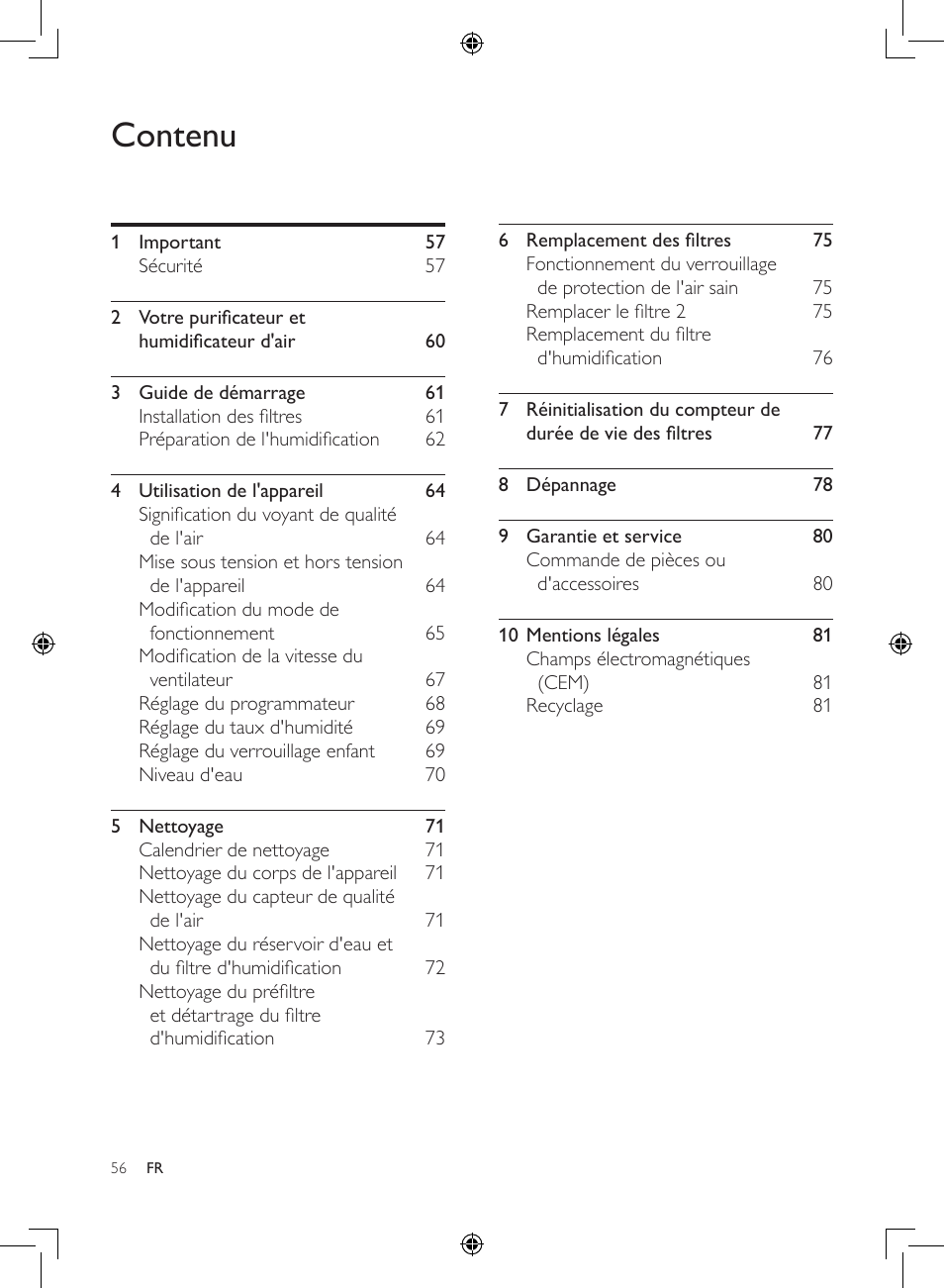 Contenu | Philips 2-in-1-Kombigerät zur Luftreinigung u. -befeuchtung User Manual | Page 56 / 108