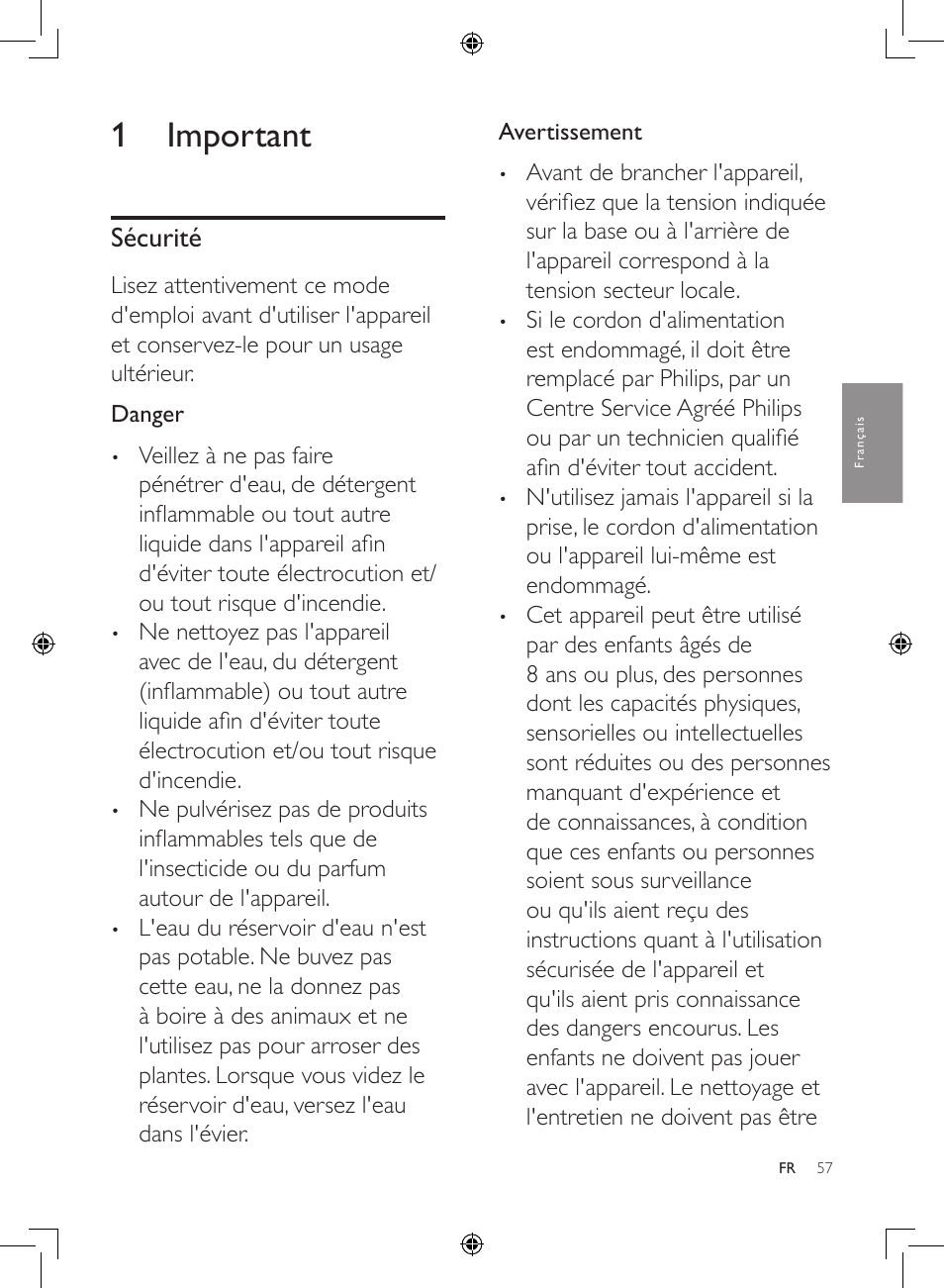 1 important, Sécurité | Philips 2-in-1-Kombigerät zur Luftreinigung u. -befeuchtung User Manual | Page 57 / 108
