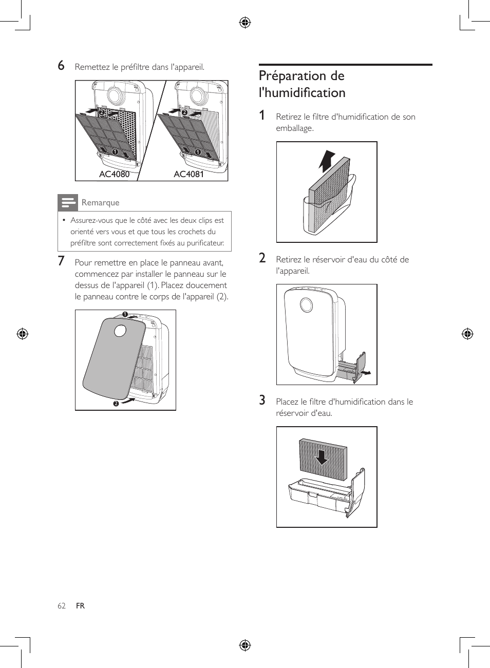 Préparation de l'humidification, Préparation de l'humidification 1 | Philips 2-in-1-Kombigerät zur Luftreinigung u. -befeuchtung User Manual | Page 62 / 108