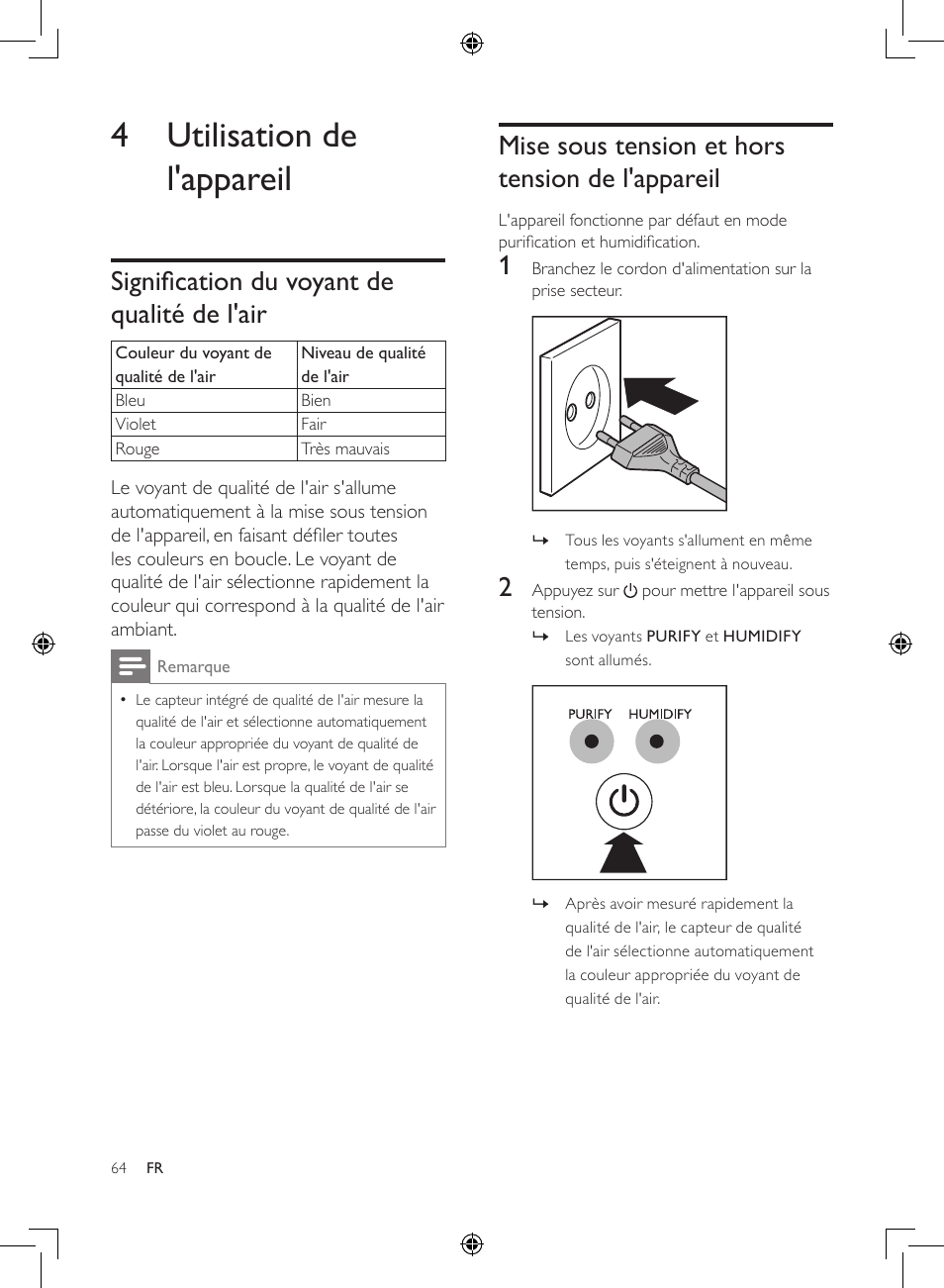 4 utilisation de l'appareil, Signification du voyant de qualité, De l'air | Mise sous tension et hors tension, De l'appareil, Signification du voyant de qualité de l'air, Mise sous tension et hors tension de l'appareil | Philips 2-in-1-Kombigerät zur Luftreinigung u. -befeuchtung User Manual | Page 64 / 108