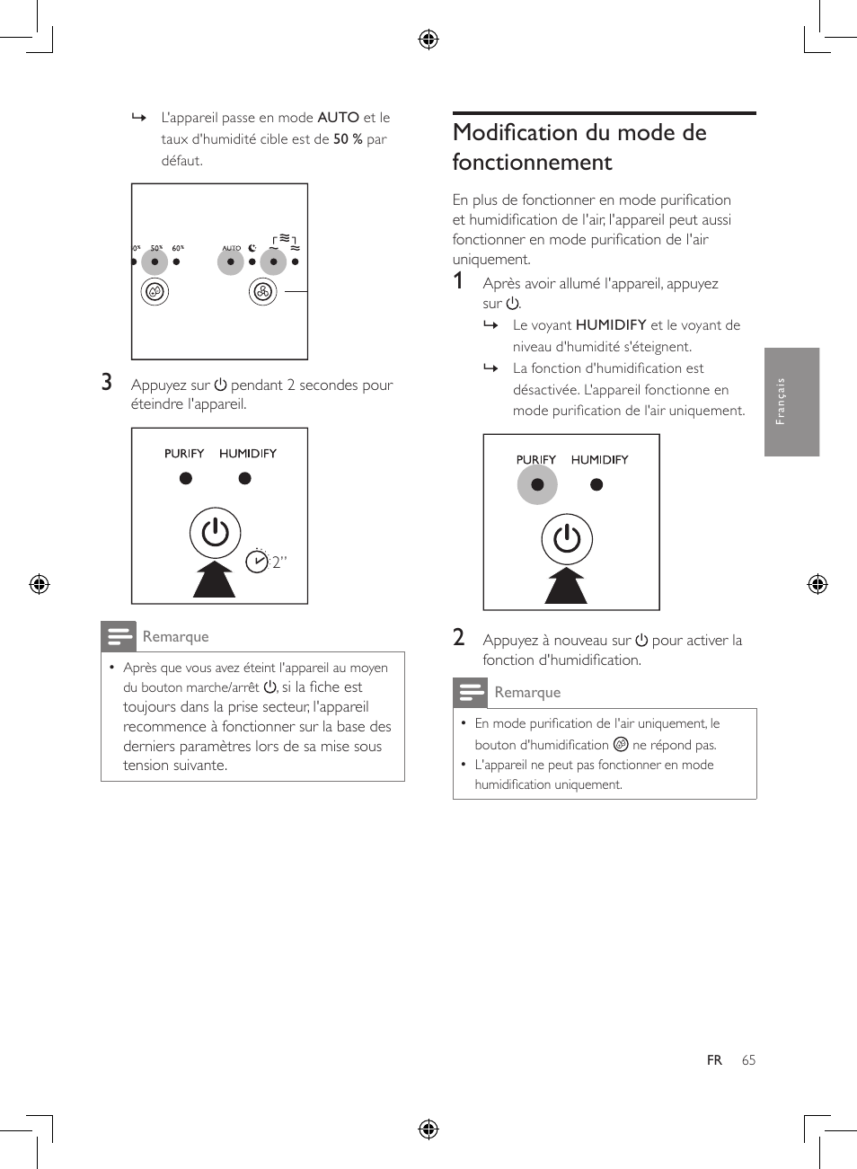 Modification du mode de, Fonctionnement, Modification du mode de fonctionnement | Philips 2-in-1-Kombigerät zur Luftreinigung u. -befeuchtung User Manual | Page 65 / 108