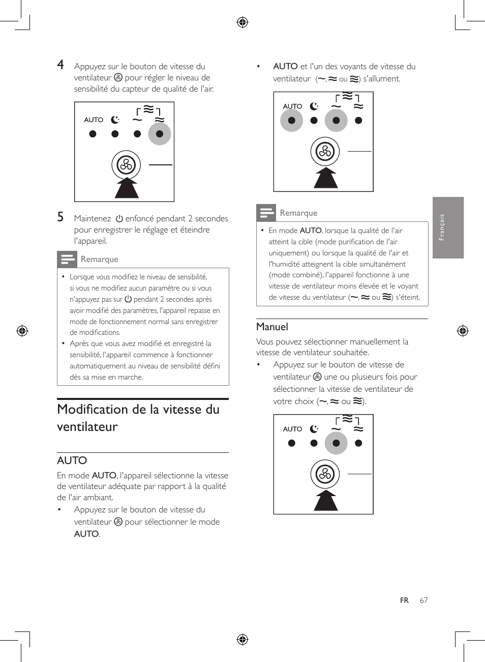 Modification de la vitesse du, Ventilateur, Modification de la vitesse du ventilateur | Philips 2-in-1-Kombigerät zur Luftreinigung u. -befeuchtung User Manual | Page 67 / 108