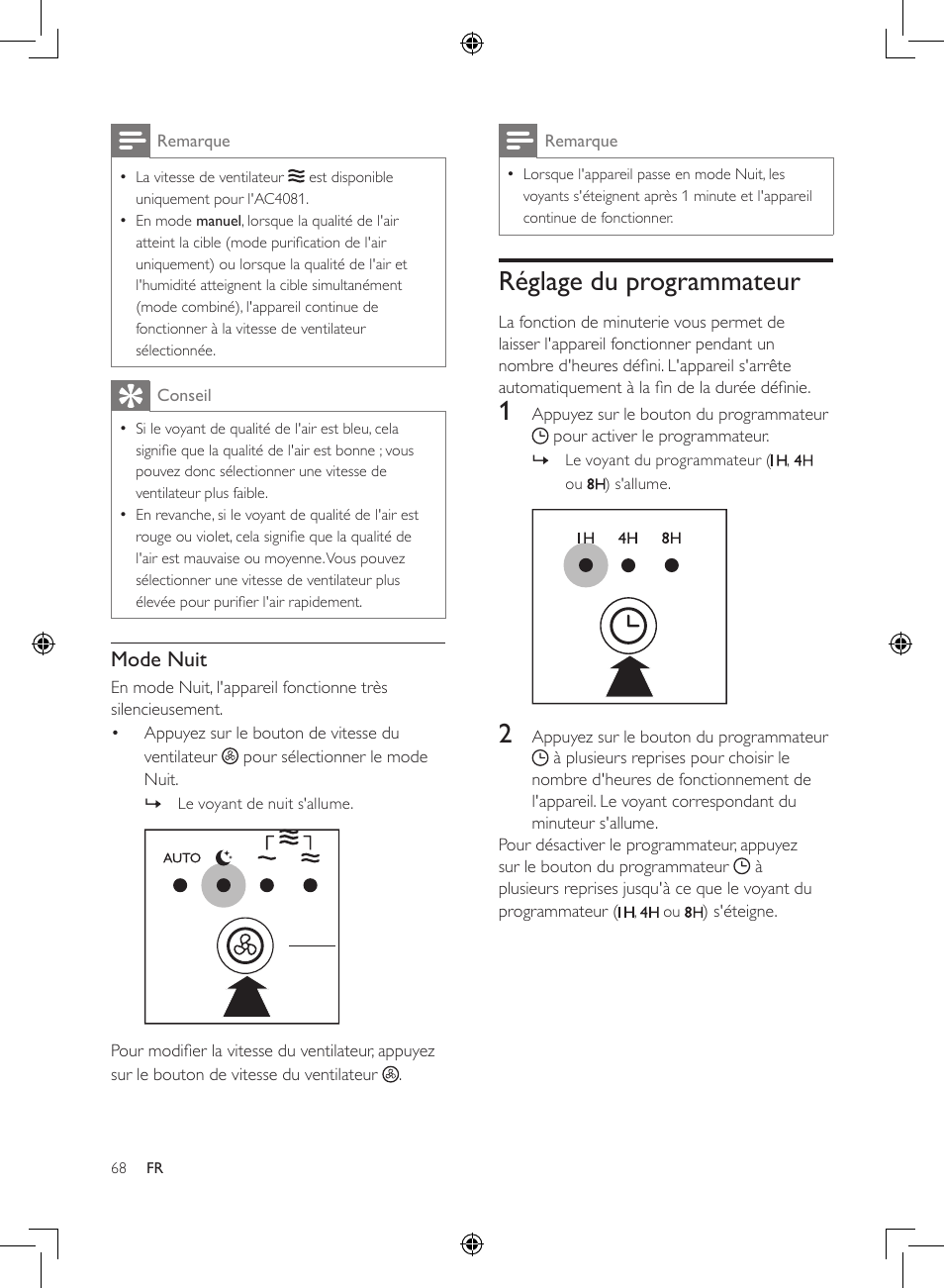 Réglage du programmateur, Mode nuit | Philips 2-in-1-Kombigerät zur Luftreinigung u. -befeuchtung User Manual | Page 68 / 108