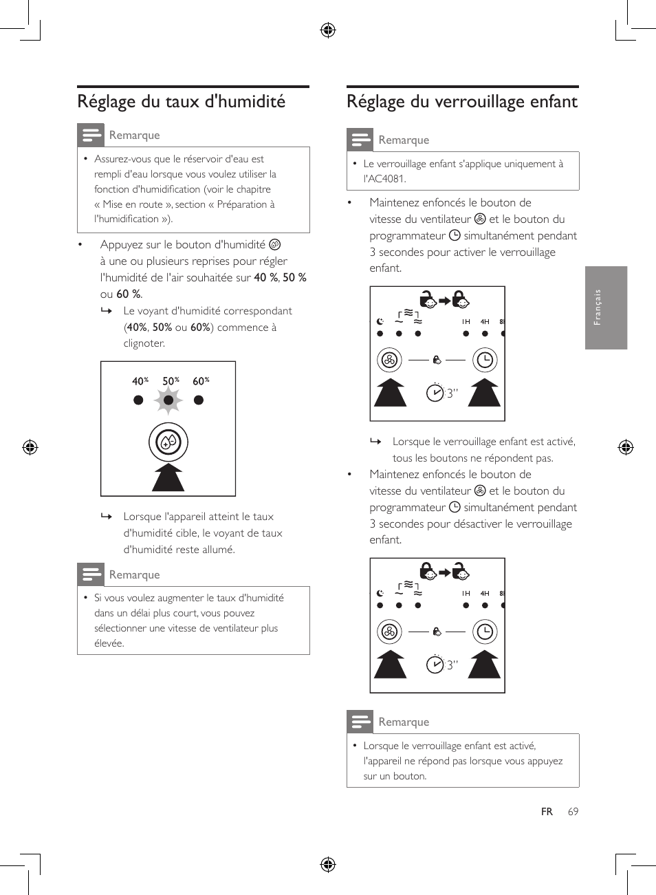 Réglage du taux d'humidité, Réglage du verrouillage enfant | Philips 2-in-1-Kombigerät zur Luftreinigung u. -befeuchtung User Manual | Page 69 / 108