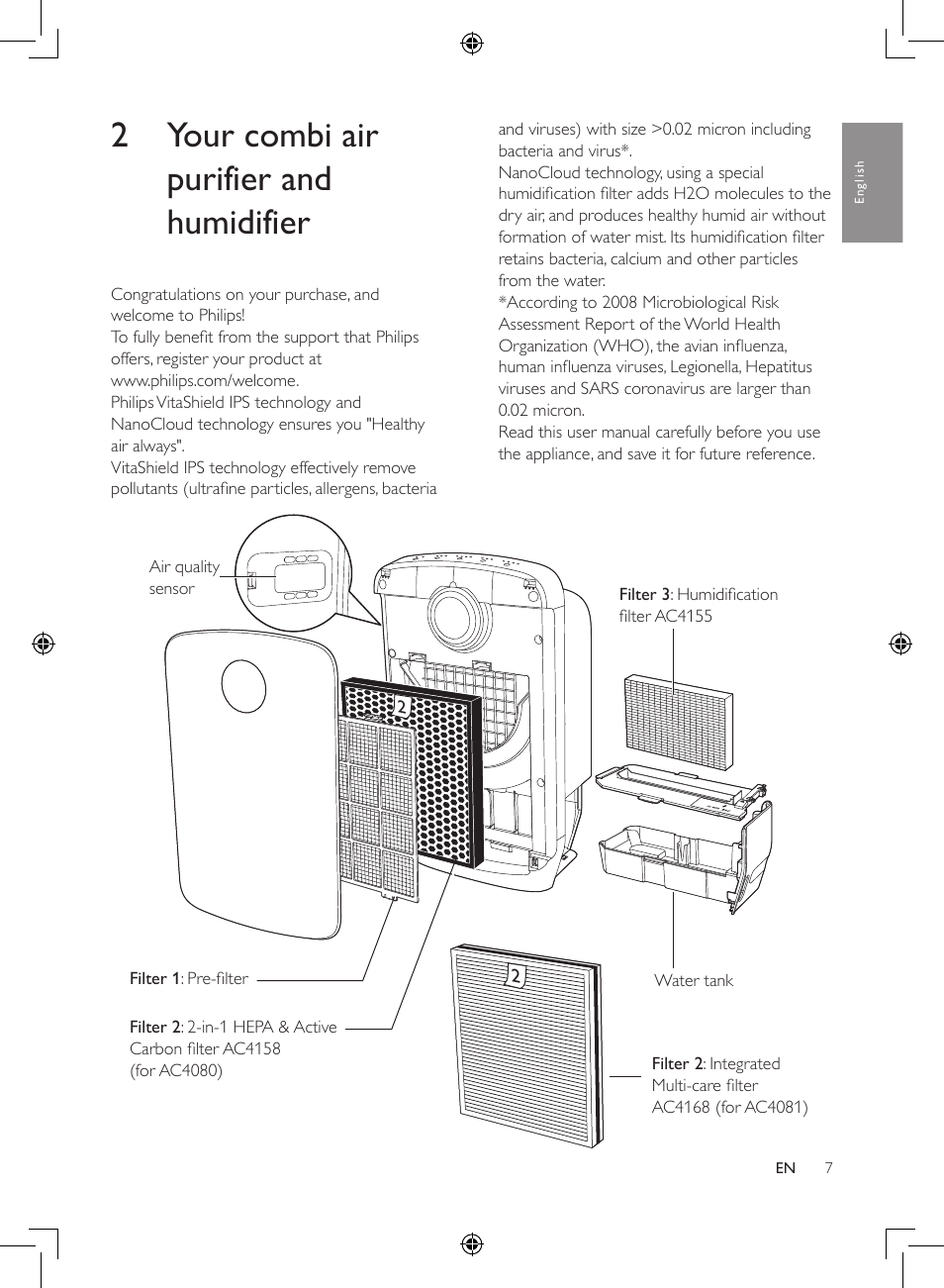2 your combi air purifier and, Humidifier, 2 your combi air purifier and humidifier | Philips 2-in-1-Kombigerät zur Luftreinigung u. -befeuchtung User Manual | Page 7 / 108