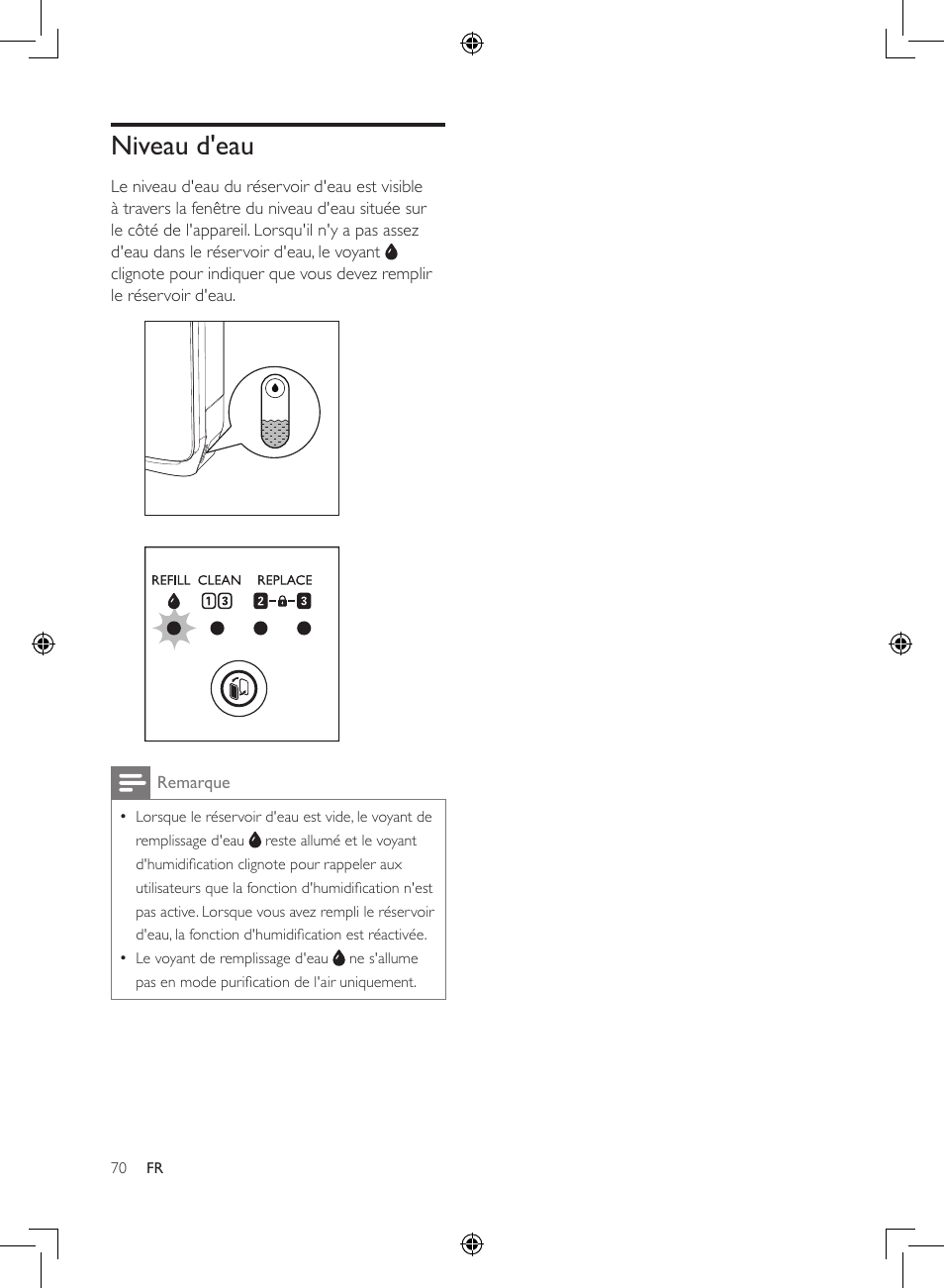 Niveau d'eau | Philips 2-in-1-Kombigerät zur Luftreinigung u. -befeuchtung User Manual | Page 70 / 108