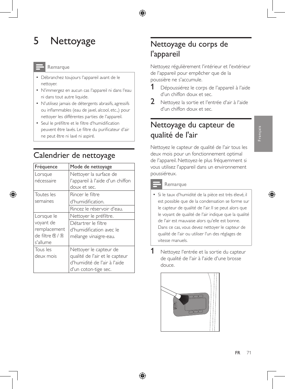 5 nettoyage, Calendrier de nettoyage, Nettoyage du corps de l'appareil 71 | Nettoyage du capteur de qualité, De l'air, Nettoyage du corps de l'appareil, Nettoyage du capteur de qualité de l'air | Philips 2-in-1-Kombigerät zur Luftreinigung u. -befeuchtung User Manual | Page 71 / 108