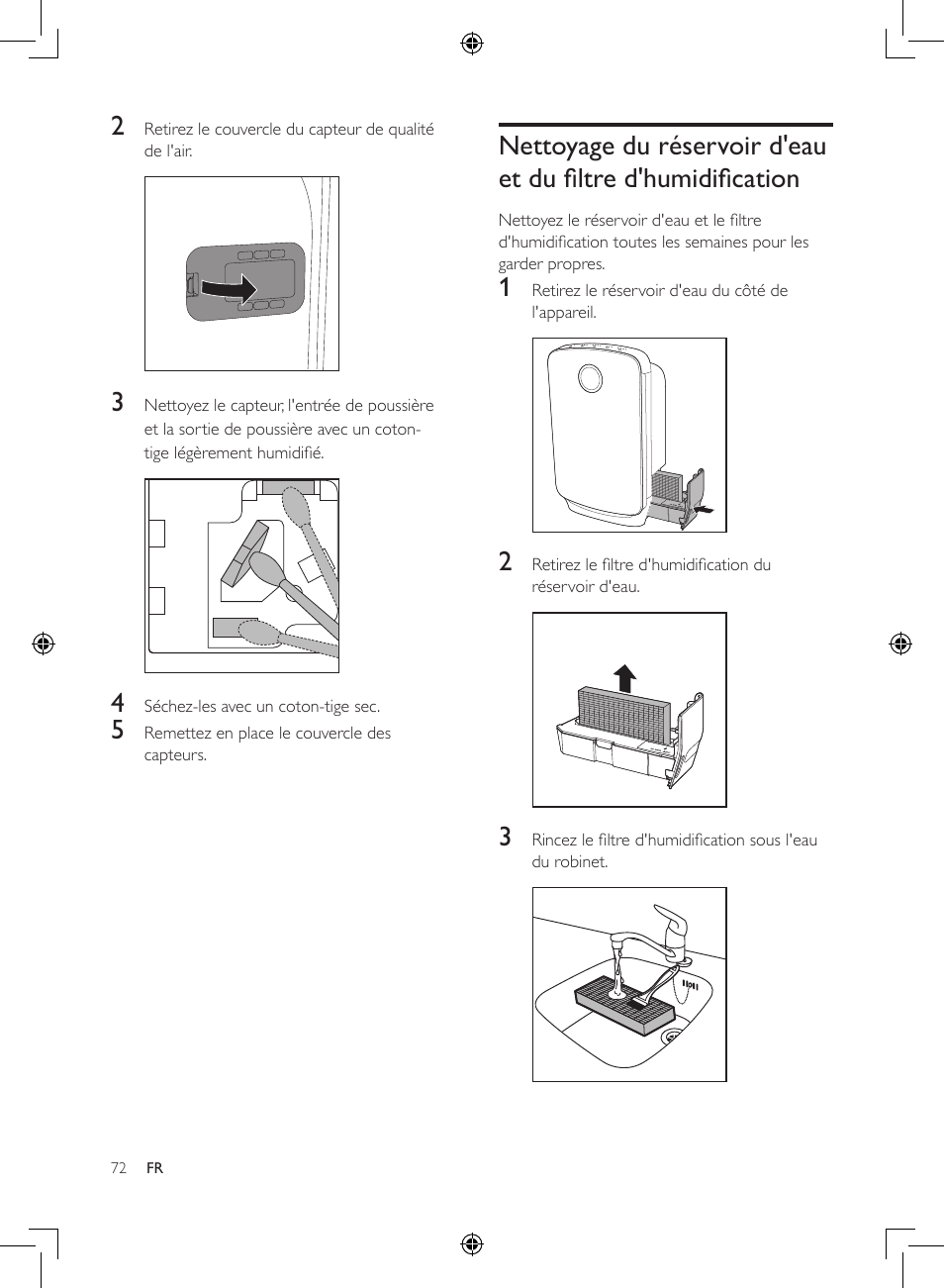 Nettoyage du réservoir d'eau et, Du filtre d'humidification | Philips 2-in-1-Kombigerät zur Luftreinigung u. -befeuchtung User Manual | Page 72 / 108
